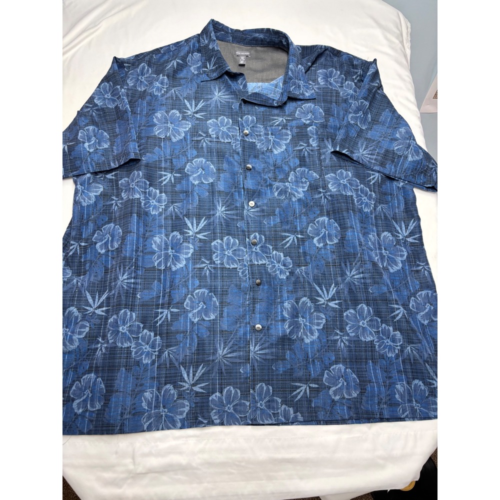 Van Heusen Mens 4XLT Blue Tropical Floral Plaid Short Sleeve Button Down Shirt